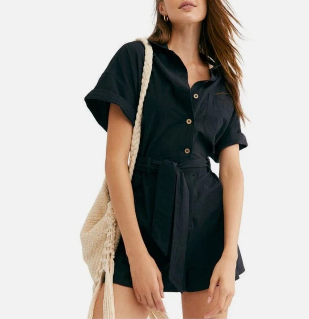 Free People No Plans Romper Shorts Short Sleeve Utility Belted Black Cotton sz M